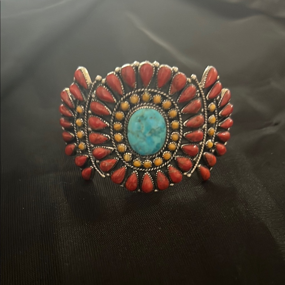 Red and Blue Cuff Bracelet with Turquoise and Coral Stones